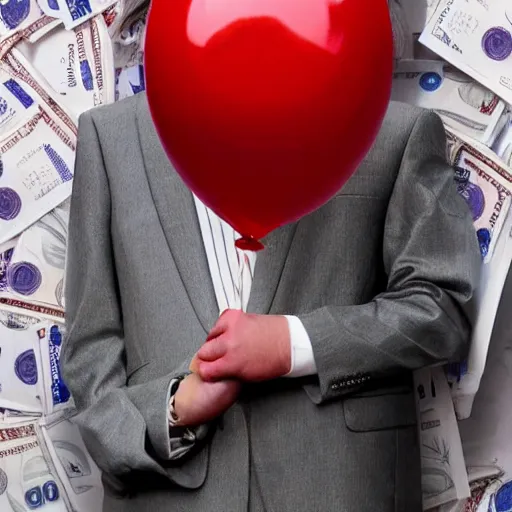 Image similar to Pennywise the clown wearing a business suit and holding a banknote in his hands, full body shot, highly-detailed