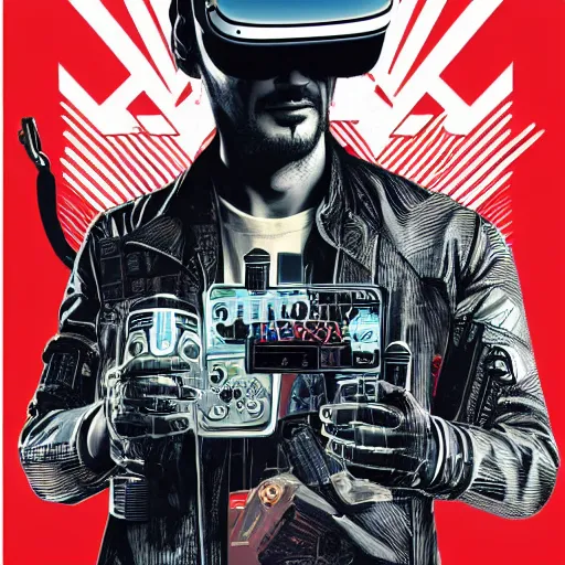 Image similar to Illustrated by Shepard Fairey and H.R. Geiger | Cyberpunk Keanu Reevse with VR helmet, surrounded by cables