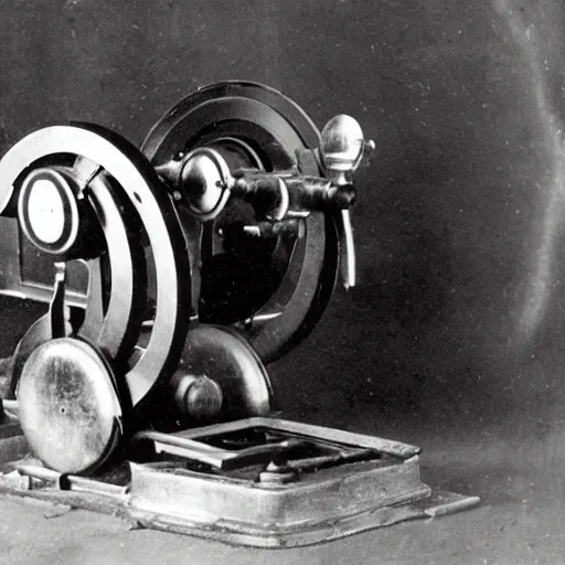 Prompt: grainy 1800s photo of a mechanical apparatus used to generate holograms