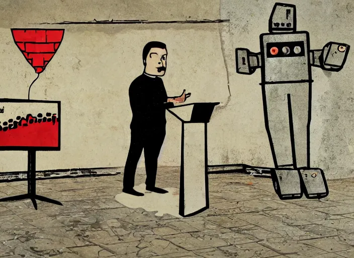 Image similar to dystopian art, a pizza slice robot dictator delivering a propaganda speech to human robots