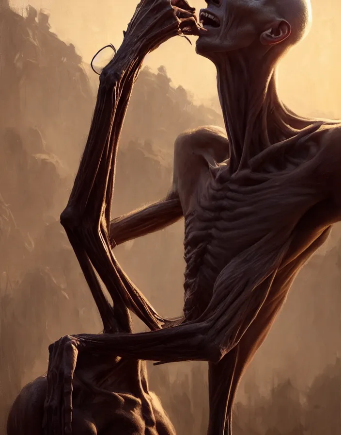 Image similar to epic portrait cinematic shot an skinny tall creature with long arms, long neck, bald, covered in dark substance, fine details. night setting. realistic shaded lighting poster by craig mullism, artgerm, jeremy lipkin and michael garmash, unreal engine, radiant light, detailed and intricate environment, digital art, trending on art station,