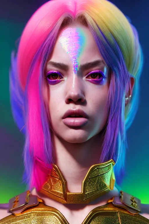 Image similar to hyperdetailed portrait of a stunningly beautiful european girl androgynous guard made of iridescent metals shiny pink gems, bright rainbow gold nimbus, inspired by ross tran and wlop and masamune shirow and kuvshinov, concept art, intricate, photorealistic, octane render, rtx, hdr, unreal engine, dnd digital art by artgerm