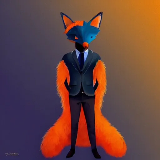 Prompt: “Young man wearing an orange-gala-fox-mask, darkblue suit and fluffy foxtail, digital art”