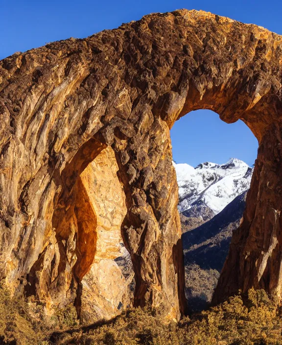Prompt: photo of a giant sculpture made of liquid gold in the cordillera de los andes, with beautiful great arches and detail, architecture carved for a titan