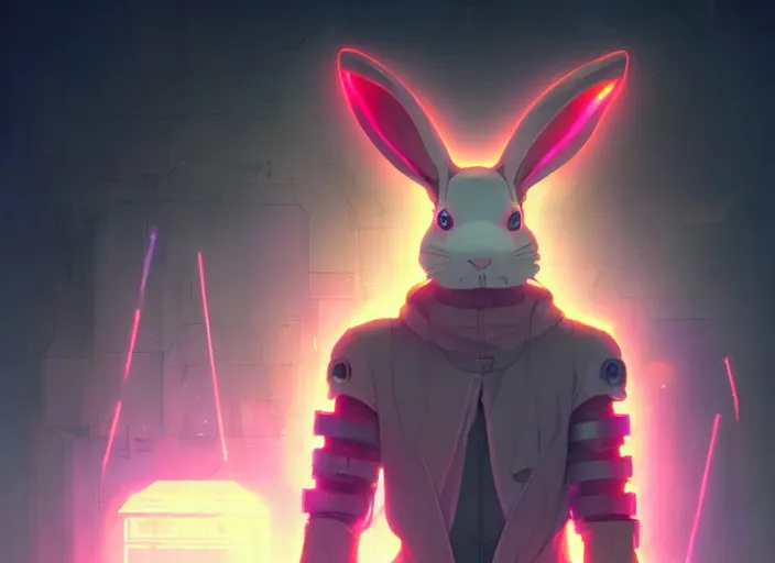 Image similar to cyberpunk rabbit wearing glowing robe, details, futuristic, epic, sacrificial altar, landscape illustration concept art anime key visual trending pixiv fanbox by wlop and greg rutkowski and makoto shinkai and studio ghibli and kyoto animation symmetrical facial features