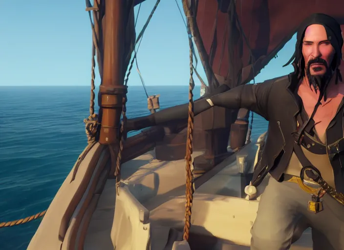 Image similar to Keanu reeves in the role of pirate in the Sea of Thieves, on the ship in the sea, At the helm, game screenshot, octave render, epic light