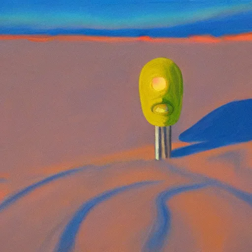 Image similar to a fauvist painting of a strange alien artifact poking out from the sand, late evening light