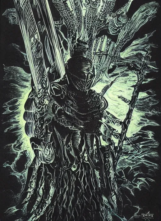 Prompt: emon knight in eldritch armor, blacklight poster on black paper, beautifully symmetrical, high detail render, by bernie wrightson greg rutowsk james jean