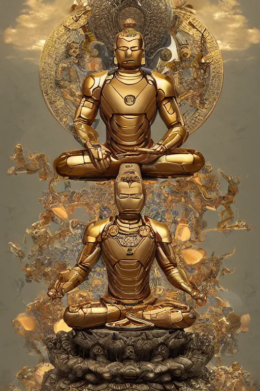 Prompt: digital masterpiece illustration concept art of porcelain statue of buddha gautama as iron man, varasana, lotus, padmasana, extremely detailed and intricate complexity, epic composition, magical atmosphere, cinematic lighting, wide long shot, trending on artstation, 8 k