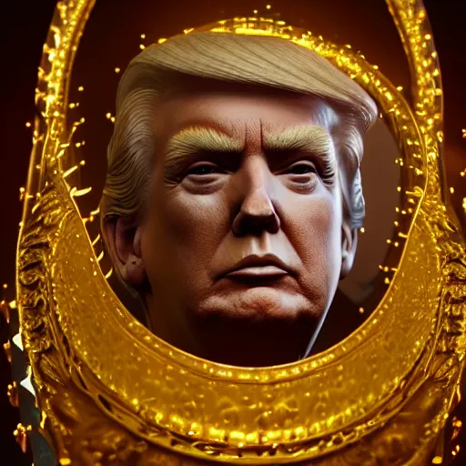 Prompt: donald trump full body detailed, ethereal, cyborg biomechanics, covered in blood diamonds and other gems glowing, highly detailed face, evil posed, evil expression, intricate, extremy detailed, beeple, cgsociety, 3 d unreal engine octane render. cinematic lighting, highly detailed 4 k art