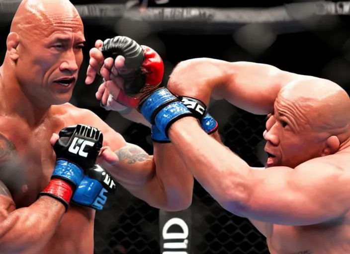 Prompt: dwayne the rock johnson knocking out an opponent in the ufc, 4 k, photorealistic