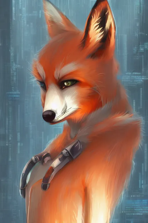 Image similar to a fox fursona, trending on artstation, by kawacy, furry art, digital art, cyberpunk, high quality, backlighting