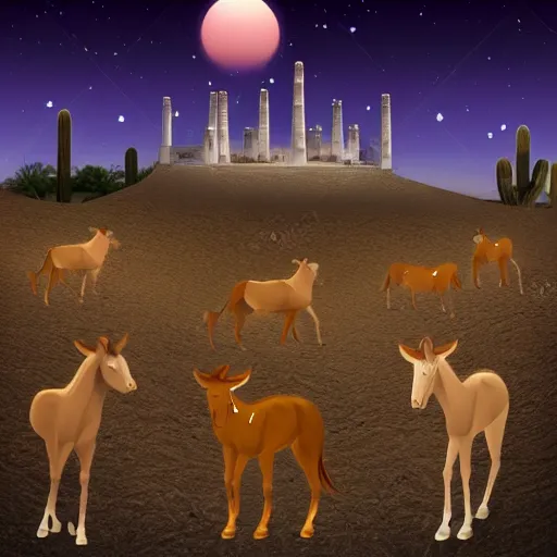 Image similar to desert at night filled with centaurs, tall white tower in the background, HD,