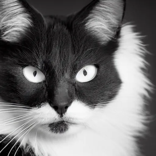 Prompt: fluffy black and white cat portrait, dilated pupils, white fur under eyes, aesthetic highly detailed soft fur, professionally shot photorealistic 8k photograph, 35mm Canon EOS R3, rendered in octane, by Natalie Große and Jason Allison