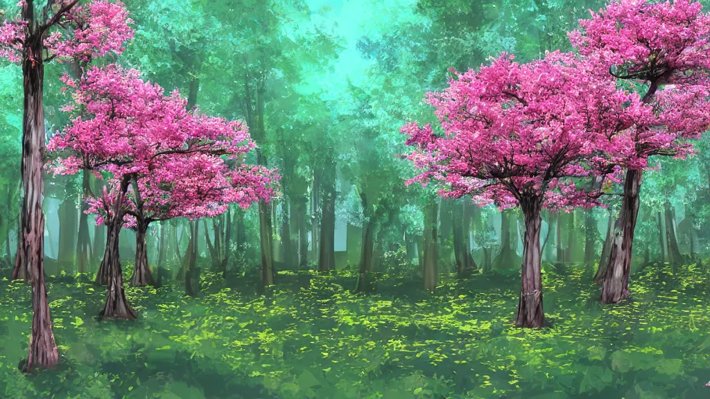 Prompt: a digital art of sakura tree forest