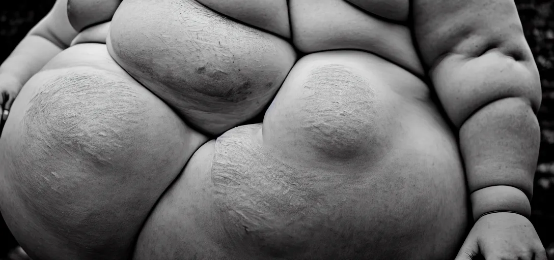 Image similar to a landscape photograph of a view of voluminous rolls of flesh, folds of belly flab, skin, veins, bruises, scabs, warts, acne, highly detailed, very intricate details, wide angle lens, depth of field, even lighting