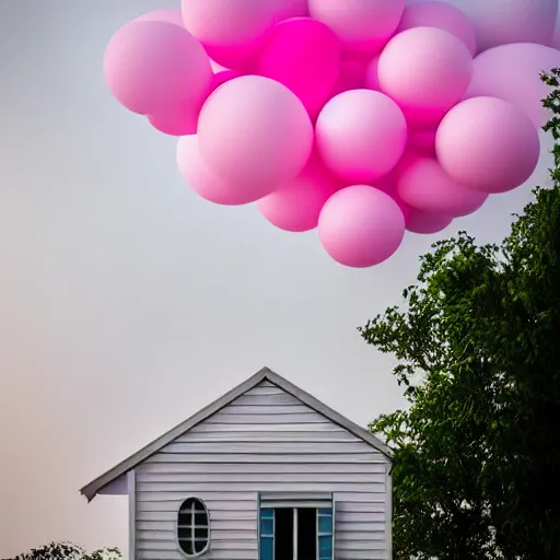 Image similar to dream a 5 0 mm lens photograph of a cute pink floating modern house, floating in the air between clouds, inspired by the movie up, held up from above by heart ballons. mist, playful composition canon, nikon, award winning, photo of the year