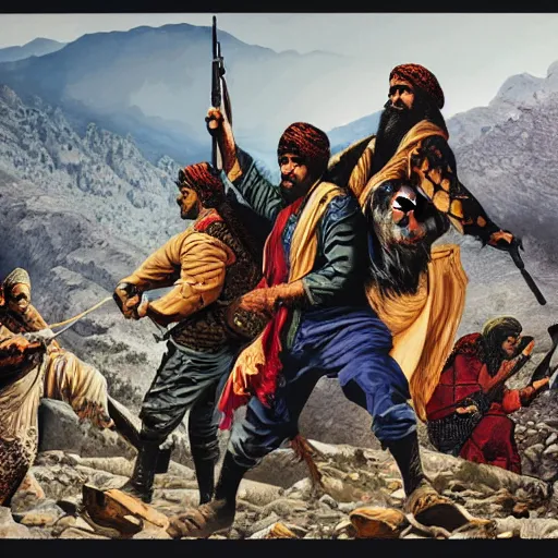 Image similar to kurdish freedom fighters in the mountains art by martin ansin, highly detailed, 8 k, high resolution, award winning art, incredibly intricate