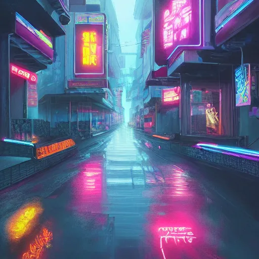 Prompt: a beautiful painting of a neon cyberpunk village by Tokio Aoyama, Mario Martinez, David Normal. photorealistic, trending on artstation, dramatic lighting, 8K, fantasy beautiful, surreal, cinematic.