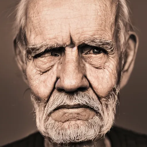 Prompt: Photograph of an old man where the facial features and eyes of the subject are the focus