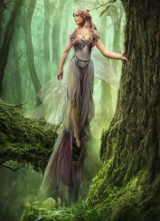 Image similar to beautiful photorealistic matte painting full body portrait fairy faerie fey fae queen standing in forest highly detailed subtle enchanting magic