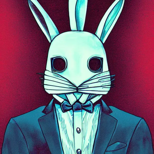 Image similar to a detailed portrait of a creepy bunny wearing an anonymous mask dressed in a suit having neon eyes, epic, cinematic, very detailed, creepy, horror, dreamscape, hdr, dark, shadows