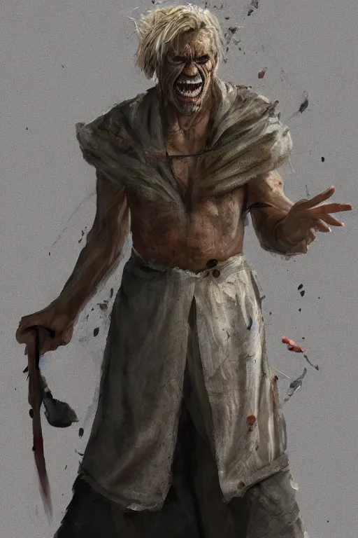 Image similar to A deranged filthy man looking like Wille. Dafoe wearing long dark damaged ripped robes showing a spell scroll, camera looking down upon, long fingernails, unclipped fingernails, sharp fingernails, focus on face, sharp focus, digital painting, trending on artstation, concept art, fantasy, medieval, D&D