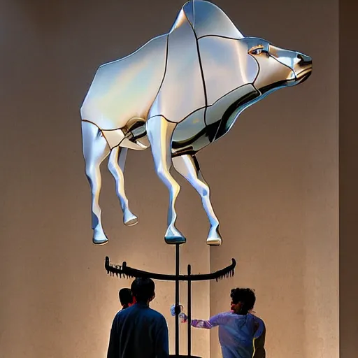 Image similar to opalescent by gustave baumann, by goro fujita realistic, mournful. a kinetic sculpture of a bullfight in spain. the kinetic sculpture is set in an arena with spectators in the stands. several figures in the kinetic sculpture, including a matador & a bull.