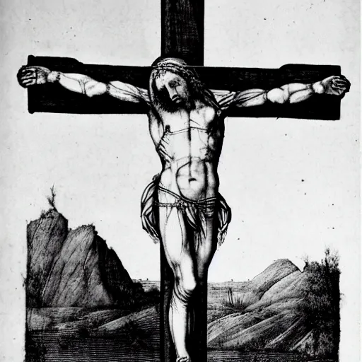 Prompt: Leonardo da Vinci's Vetruvian Man crucified on a cross like Christ