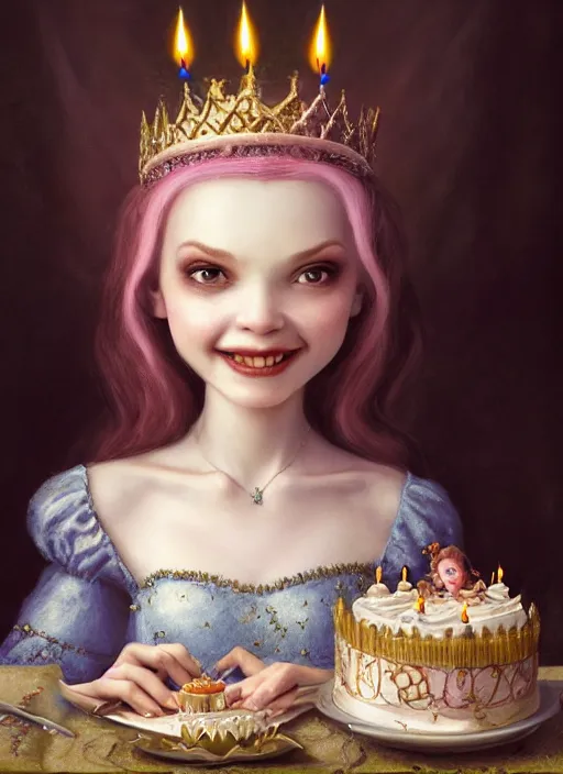 Image similar to highly detailed closeup portrait of a grinning fairytale medieval princess eating birthday cake, unreal engine, nicoletta ceccoli, mark ryden, lostfish, earl norem, global illumination, god rays, detailed and intricate environment