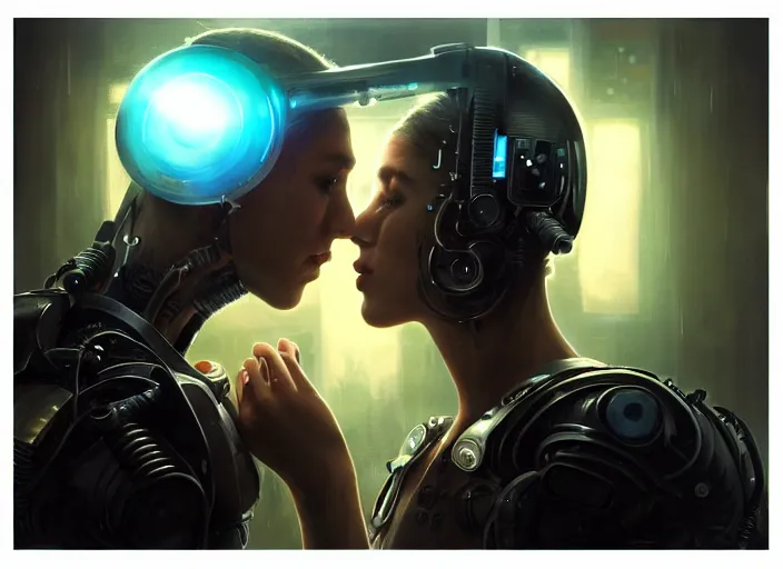 Image similar to ultra realistic medium shot of a couple of cyborgs kissing, lovers, cyberpunk, sci - fi, kodak, faces, colour led, soft light, volumetric lighting, fog, rays, night, rain, station, intricate detailed, digital painting, concept art, smooth, sharp focus, illustration, art by artgerm and greg rutkowski and alphonse mucha