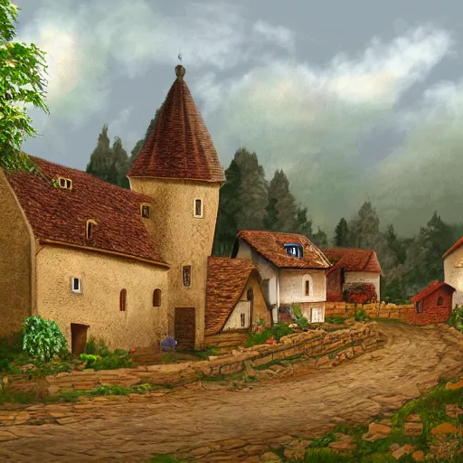 Image similar to digital art of a small village in medieval France in the style of Deiv Calviz, 4K