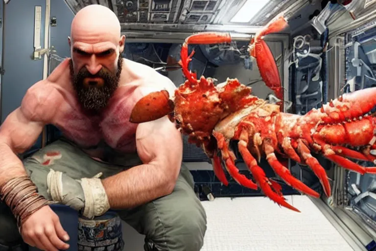 Image similar to kratos from the god of war videogame eating a whole lobster in the international space station