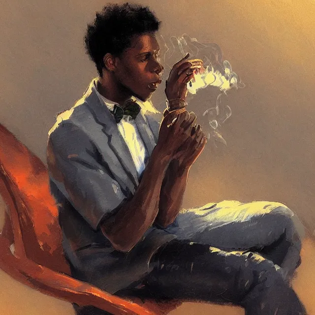 Prompt: 2 0 year old black man, with short hair, smoking tobacco, sitting in a pool of money, portrait, elegant, intricate, digital painting, artstation, concept art, smooth, sharp focus, illustration, art by konstantin korovin and daniel f. gerhartz and john howe