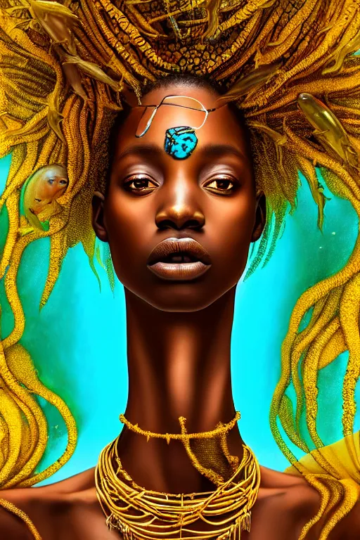 Image similar to hyperrealistic cinematic very expressive! translucent!! african goddess, full body, underwater scene with fish and algae, gold jewerly, highly detailed face, digital art masterpiece, eric zener cam de leon, dramatic pearlescent turquoise light on one side, long shot, low angle uhd 8 k, shallow depth of field