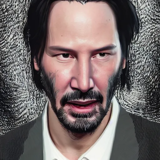 Image similar to keanu reeves if he was a character on a GTA loading screen, au naturel, hyper detailed, digital art, trending in artstation, cinematic lighting, studio quality, smooth render, unreal engine 5 rendered, octane rendered, art style by klimt and nixeu and ian sprigger and wlop and krenz cushart