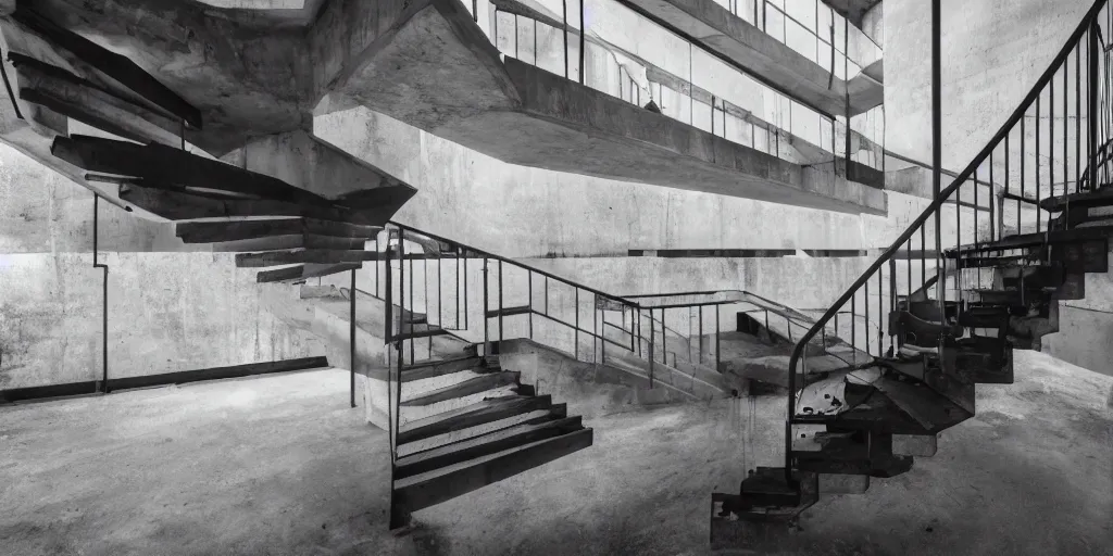Prompt: staircase, brutalist, the parallax view, cinematic, atmospheric, shot on arri alexa
