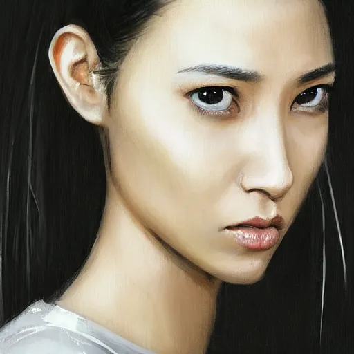 Image similar to Portrait of a woman by Greg Rutkowski, she is about 30 years old, mixture between korean, indian and arabian, pretty, black straigh hair with bangs, attractive, tall and slim, she is wearing beigen and black utilitarian jumpsuit, highly detailed portrait, scifi, digital painting, artstation, concept art, smooth, sharp foccus ilustration, Artstation HQ