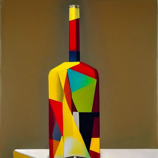 Prompt: ultrafine detailed painting of an abstract vodka bottle sculpture on top of a table, still life by julian schnabel and john chamberlain, tonalism, oil on canvas, surrealist painting, behance, academic art