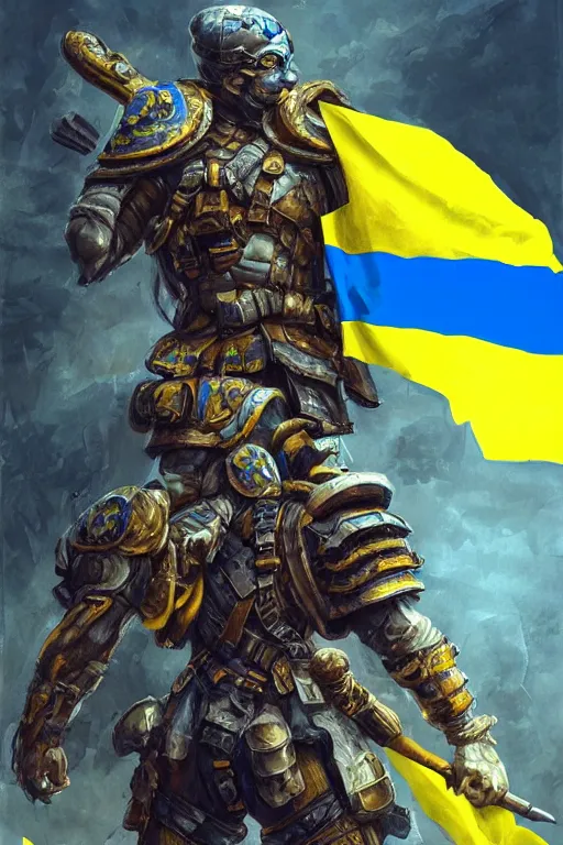 Image similar to a distant shot from behind of a Ukrainian super soldier with blue and yellow flag behind him standing alone on a huge pile of skulls as a winner, masculine muscular figure, D&D, fantasy, intricate, elegant, highly detailed, extremely detailed, digital painting, artstation, concept art, matte, smooth, hyper realistic, sharp focus, illustration, art by Artgerm and Greg Rutkowski and Alphonse Mucha