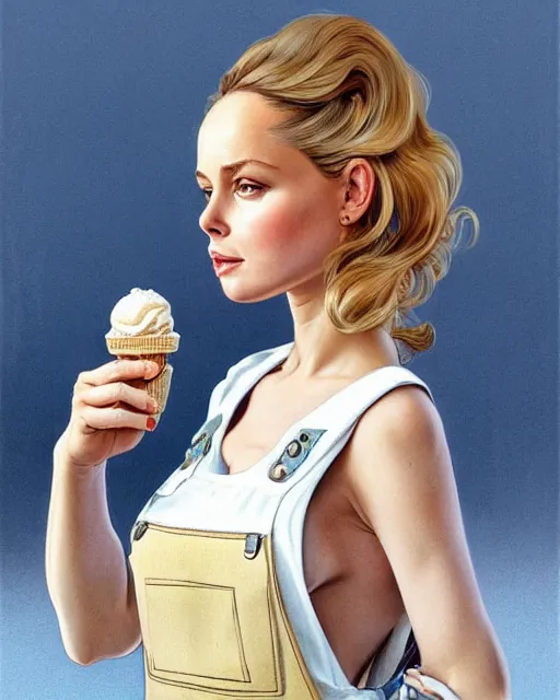 Image similar to portrait of a blonde fuller figured barbara bach from the bond film wearing dungarees and eating ice creams in porto, real life skin, intricate, elegant, highly detailed, artstation, concept art, smooth, sharp focus, art by artgerm and greg rutkowski and alphonse mucha