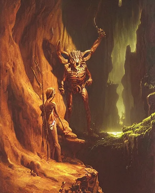 Image similar to A hobgoblin. He has a very menacing expression. he is standing in a cave. Award winning oil painting by Thomas Cole and Wayne Barlowe. Highly detailed