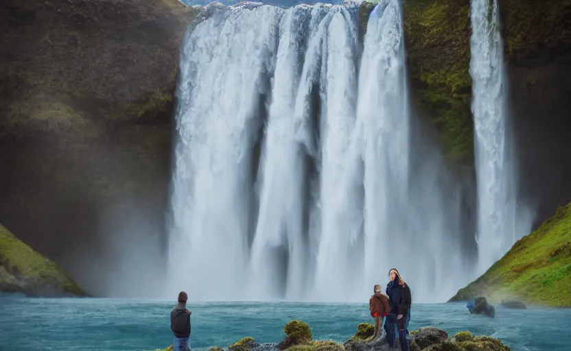 Prompt: a couple by icelandic waterfall Skógafoss, highly detailed, digital painting, artstation, concept art, sharp focus, illustration