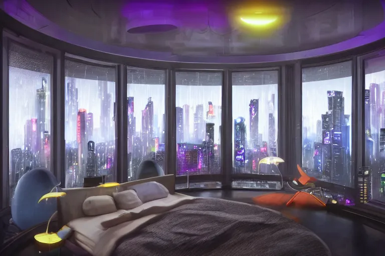 Image similar to a futuristic bedroom with large curved ceiling high windows looking out to a far future cyberpunk cityscape, cyberpunk neon lights, raining, scifi