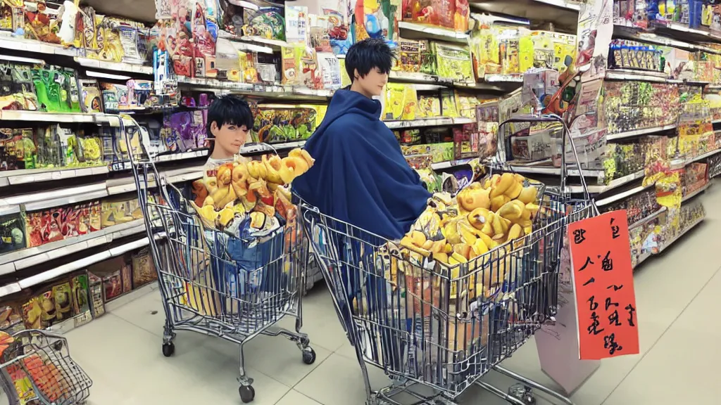 Prompt: Genos from One Punch Man pushing a shopping cart in a Japanese grocery store by Studio Ghibli! Hiyao Miyazaki