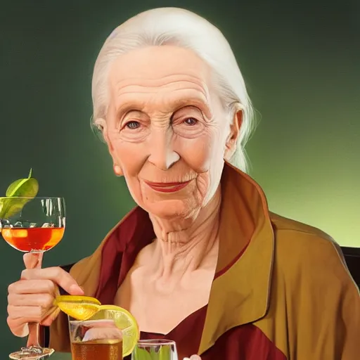 Image similar to portrait painting of jane goodall toasting with a martini, ultra realistic, concept art, intricate details, serious, highly detailed, photorealistic, octane render, 8 k, unreal engine. art by artgerm and greg rutk owski and alphonse mucha