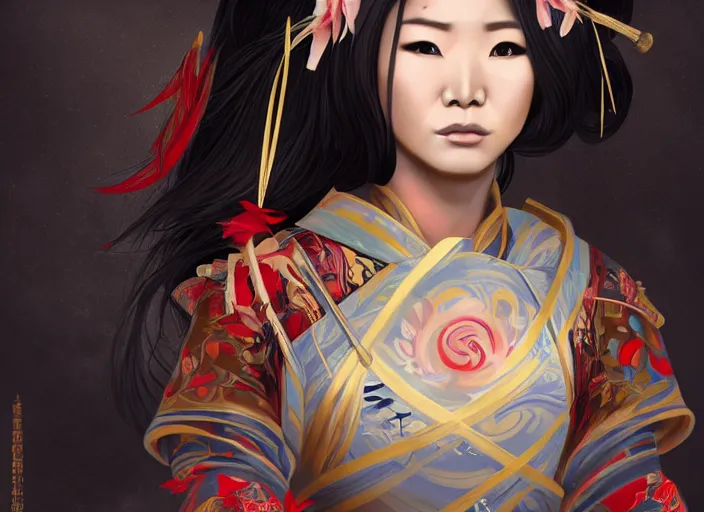 Image similar to jenny kim as geisha warrior concept art, symmetrical, rule of three, detailed body, detailed face, ultradetailed digital illustration, 8 k, epic atmosphere, digital art by dang my linh and simon cowell