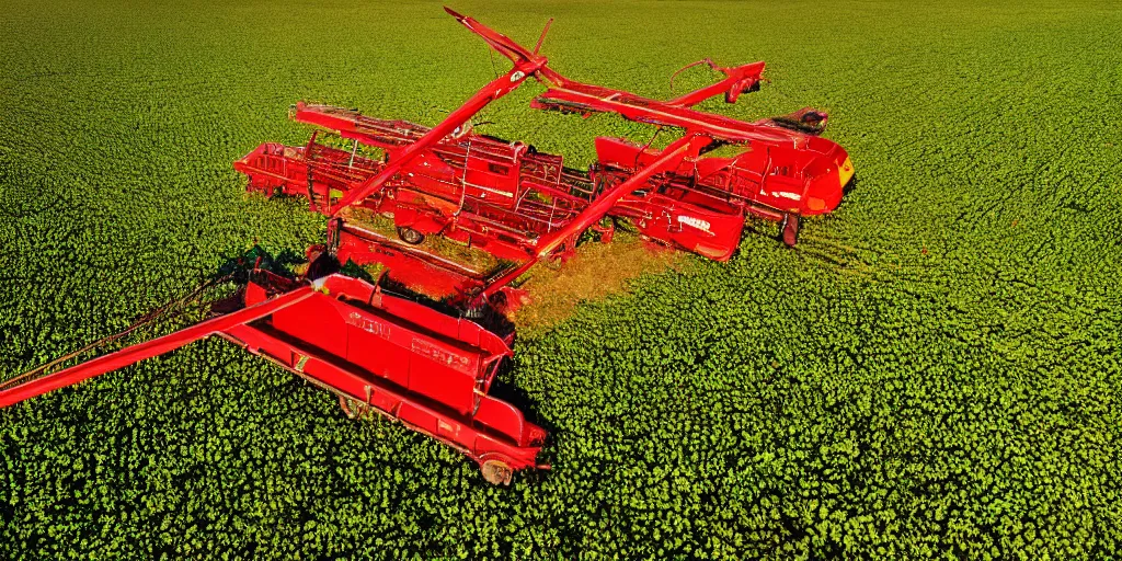 Image similar to Aerial view of red harvester harvesting ripe corn field, wide angle photo, photo realistic image, 4K, golden hour look