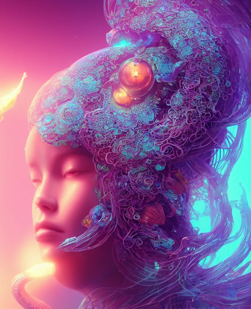 Image similar to goddess close-up portrait. jellyfish phoenix head, nautilus, orchid, skull, betta fish, bioluminiscent creatures, intricate artwork by Tooth Wu and wlop and beeple. octane render, trending on artstation, greg rutkowski very coherent symmetrical artwork. cinematic, hyper realism, high detail, octane render, 8k