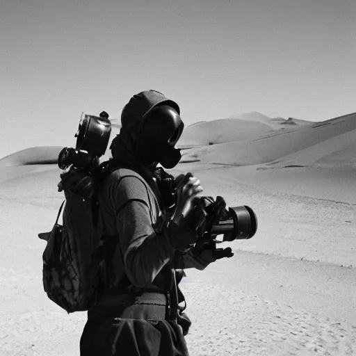 Image similar to a man wearing a gasmask, heavily equipped, in the desert, film still, arriflex 35